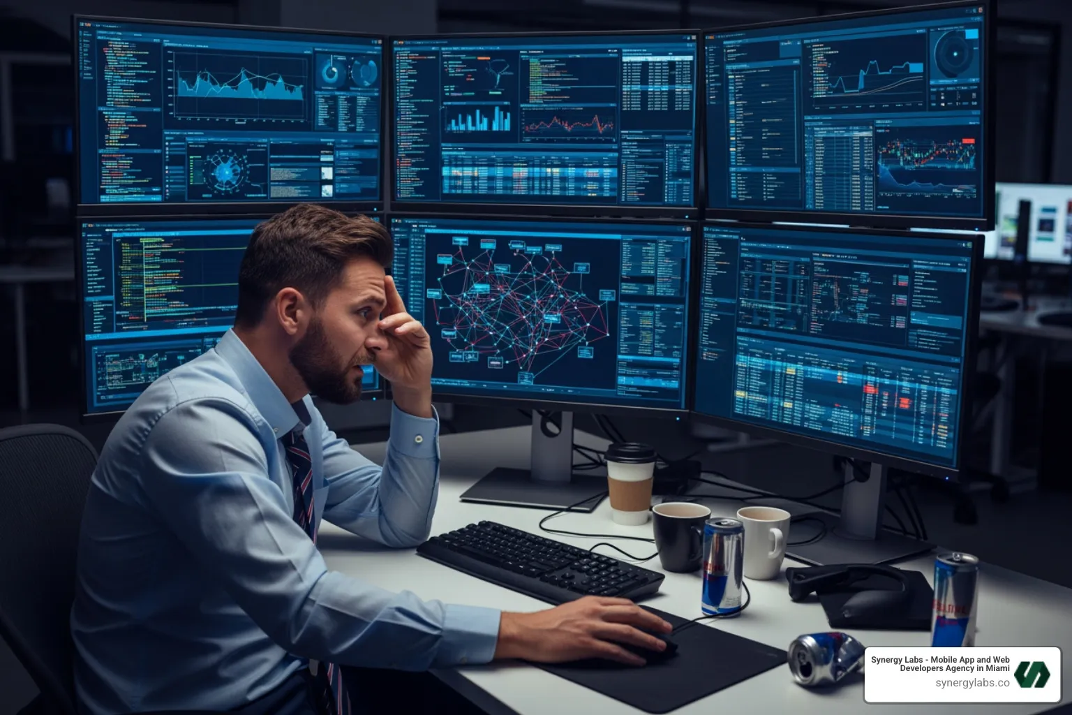 Person looking overwhelmed at multiple complex dashboards on different screens. - Multi-Cloud Strategy in 2026: Avoid Vendor Lock-In Without Doubling Your Complexity Person looking overwhelmed at multiple complex dashboards on different screens. - Multi-Cloud Strategy in 2026: Avoid Vendor Lock-In Without Doubling Your Complexity