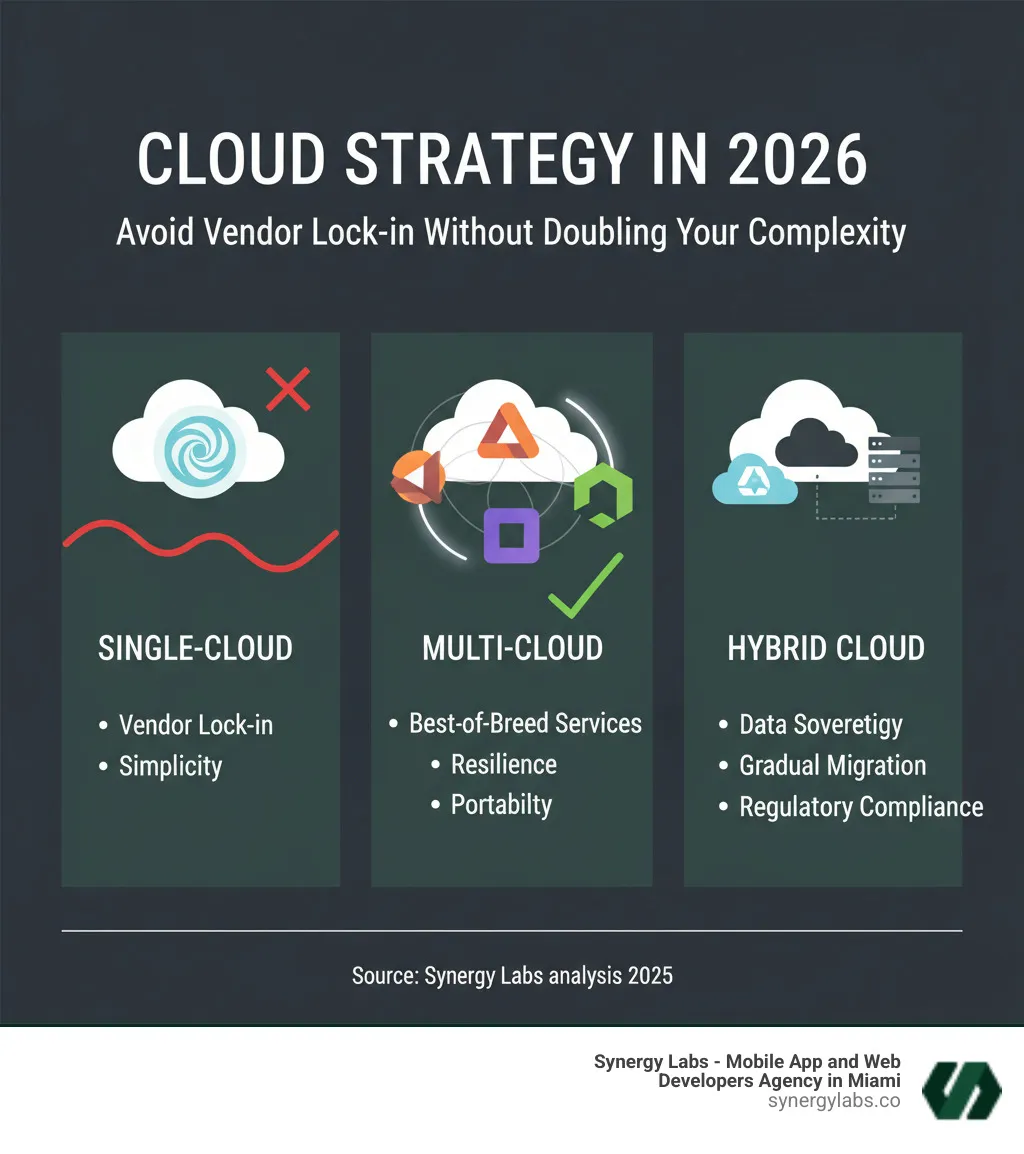 Infographic showing three columns: Single-Cloud (one provider logo, simple but risky), Multi-Cloud (multiple provider logos with interconnections, flexible but complex), and Hybrid Cloud (mix of on-premises servers and cloud logos, integrated infrastructure). Each column lists key characteristics: Single-Cloud shows vendor lock-in and simplicity; Multi-Cloud shows best-of-breed services, resilience, and portability; Hybrid Cloud shows data sovereignty, gradual migration, and regulatory compliance. - Multi-Cloud Strategy in 2026: Avoid Vendor Lock-In Without Doubling Your Complexity infographic Infographic showing three columns: Single-Cloud (one provider logo, simple but risky), Multi-Cloud (multiple provider logos with interconnections, flexible but complex), and Hybrid Cloud (mix of on-premises servers and cloud logos, integrated infrastructure). Each column lists key characteristics: Single-Cloud shows vendor lock-in and simplicity; Multi-Cloud shows best-of-breed services, resilience, and portability; Hybrid Cloud shows data sovereignty, gradual migration, and regulatory compliance. - Multi-Cloud Strategy in 2026: Avoid Vendor Lock-In Without Doubling Your Complexity infographic