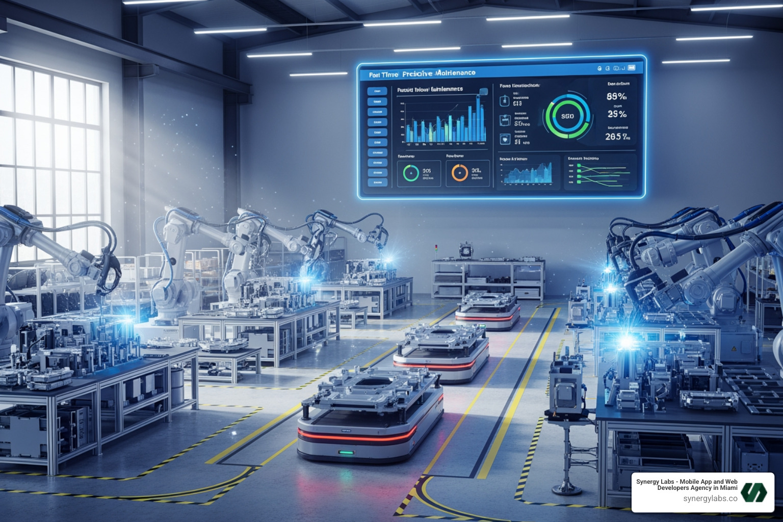 smart factory floor with automated robots and predictive maintenance dashboards - Why Edge Computing Is the Missing Link for IoT in Smart Cities and Industry 4.0