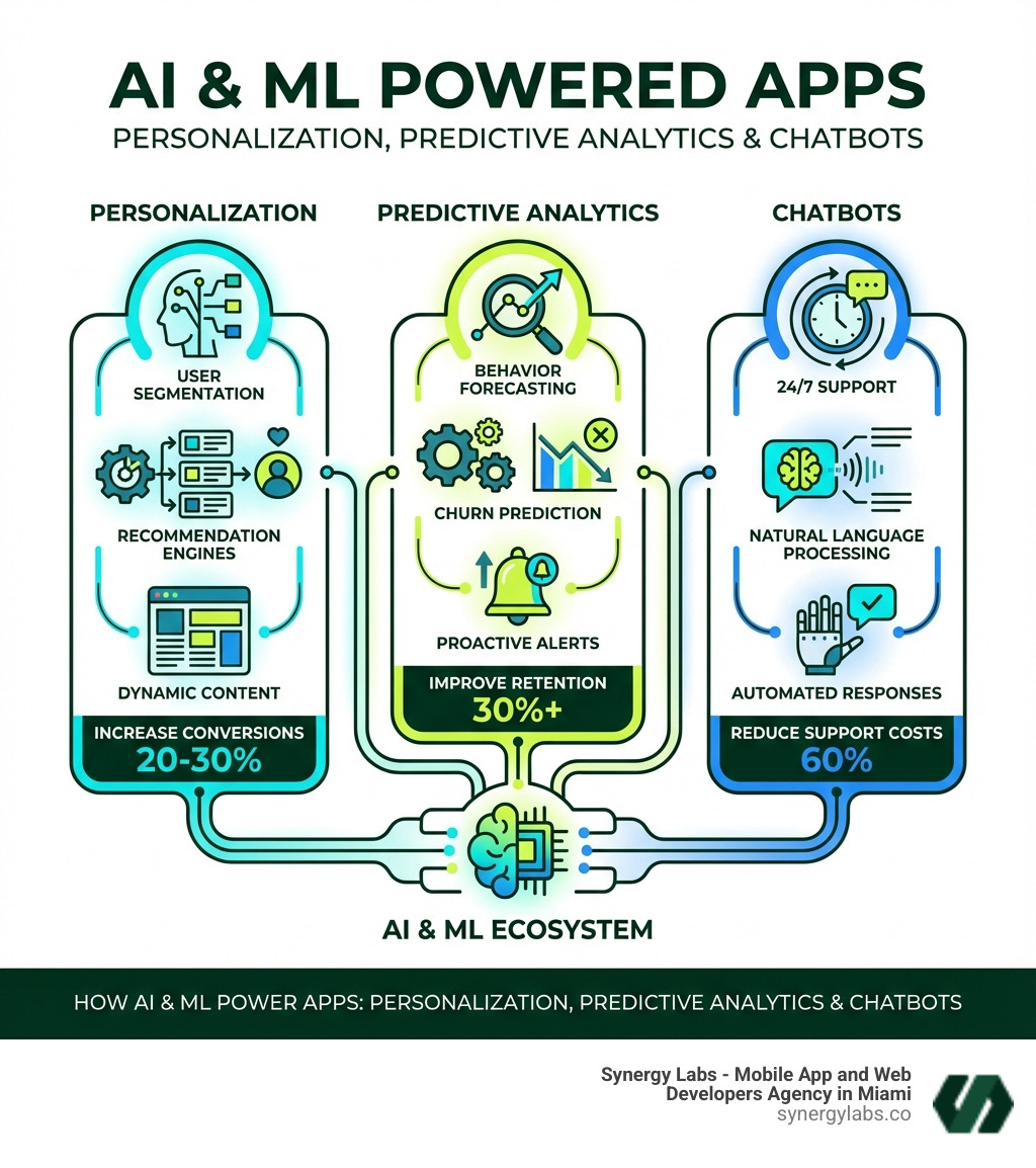 Infographic showing three pillars: 1) AI Personalization with icons for user segmentation, recommendation engines, and dynamic content; 2) Predictive Analytics with icons for behavior forecasting, churn prediction, and proactive alerts; 3) Chatbots with icons for 24/7 support, natural language processing, and automated responses. Each pillar includes a key metric: Personalization increases conversions 20-30%, Predictive Analytics improves retention 30%+, Chatbots reduce support costs 60% - How AI & ML Power Apps: Personalization, Predictive Analytics & Chatbots infographic infographic-line-3-steps-blues-accent_colors