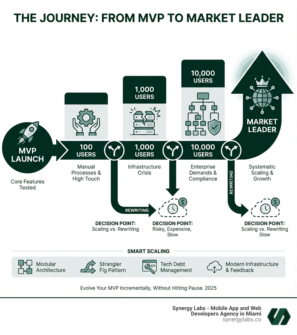 infographic showing the journey from MVP to market leader with key milestones: MVP launch, 100 users (manual processes), 1000 users (infrastructure crisis), 10000 users (enterprise demands), and market leader (systematic scaling), with decision points for scaling vs rewriting at each stage - From MVP to Market Leader: Scaling an App Without Rewriting Everything infographic 