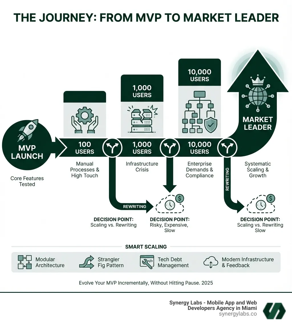 infographic showing the journey from MVP to market leader with key milestones: MVP launch, 100 users (manual processes), 1000 users (infrastructure crisis), 10000 users (enterprise demands), and market leader (systematic scaling), with decision points for scaling vs rewriting at each stage - From MVP to Market Leader: Scaling an App Without Rewriting Everything infographic infographic showing the journey from MVP to market leader with key milestones: MVP launch, 100 users (manual processes), 1000 users (infrastructure crisis), 10000 users (enterprise demands), and market leader (systematic scaling), with decision points for scaling vs rewriting at each stage - From MVP to Market Leader: Scaling an App Without Rewriting Everything infographic