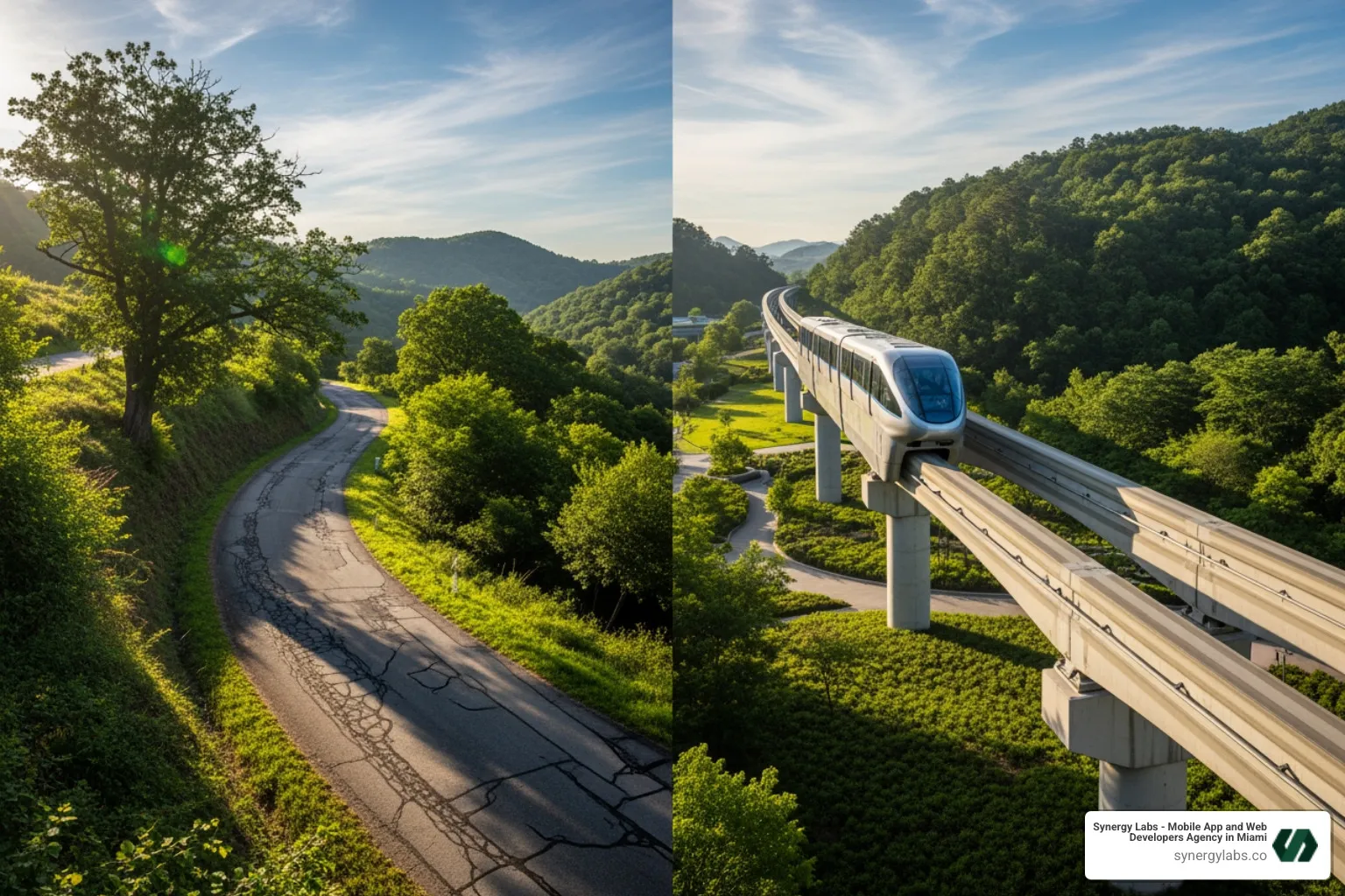 two paths, one is a paved old road (digitization), the other is a futuristic monorail (transformation) - What Mid-Sized Businesses Get Wrong About Digital Transformation two paths, one is a paved old road (digitization), the other is a futuristic monorail (transformation) - What Mid-Sized Businesses Get Wrong About Digital Transformation