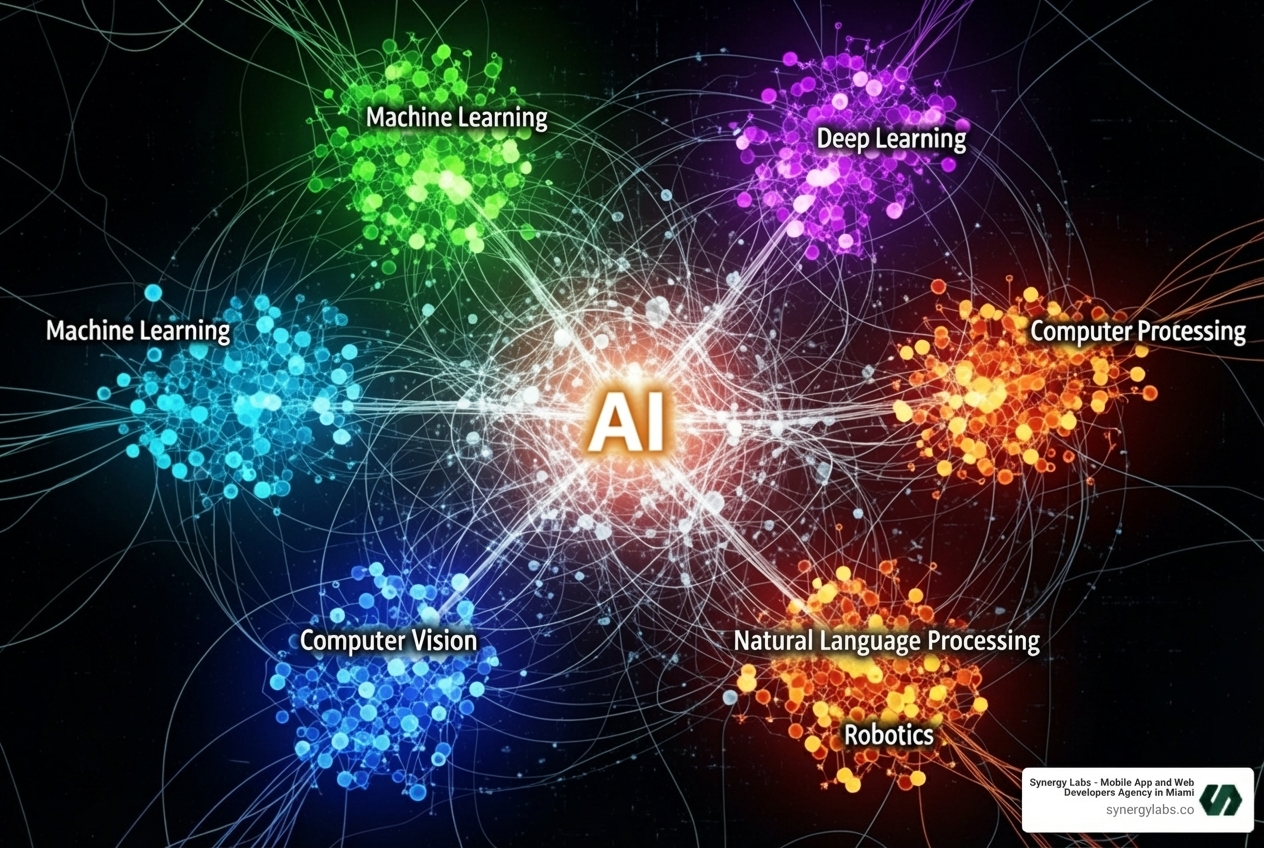 Abstract representation of multiple AI technologies converging in a neural network style - AI-First App Development: How Modern Products Are Built in 2026