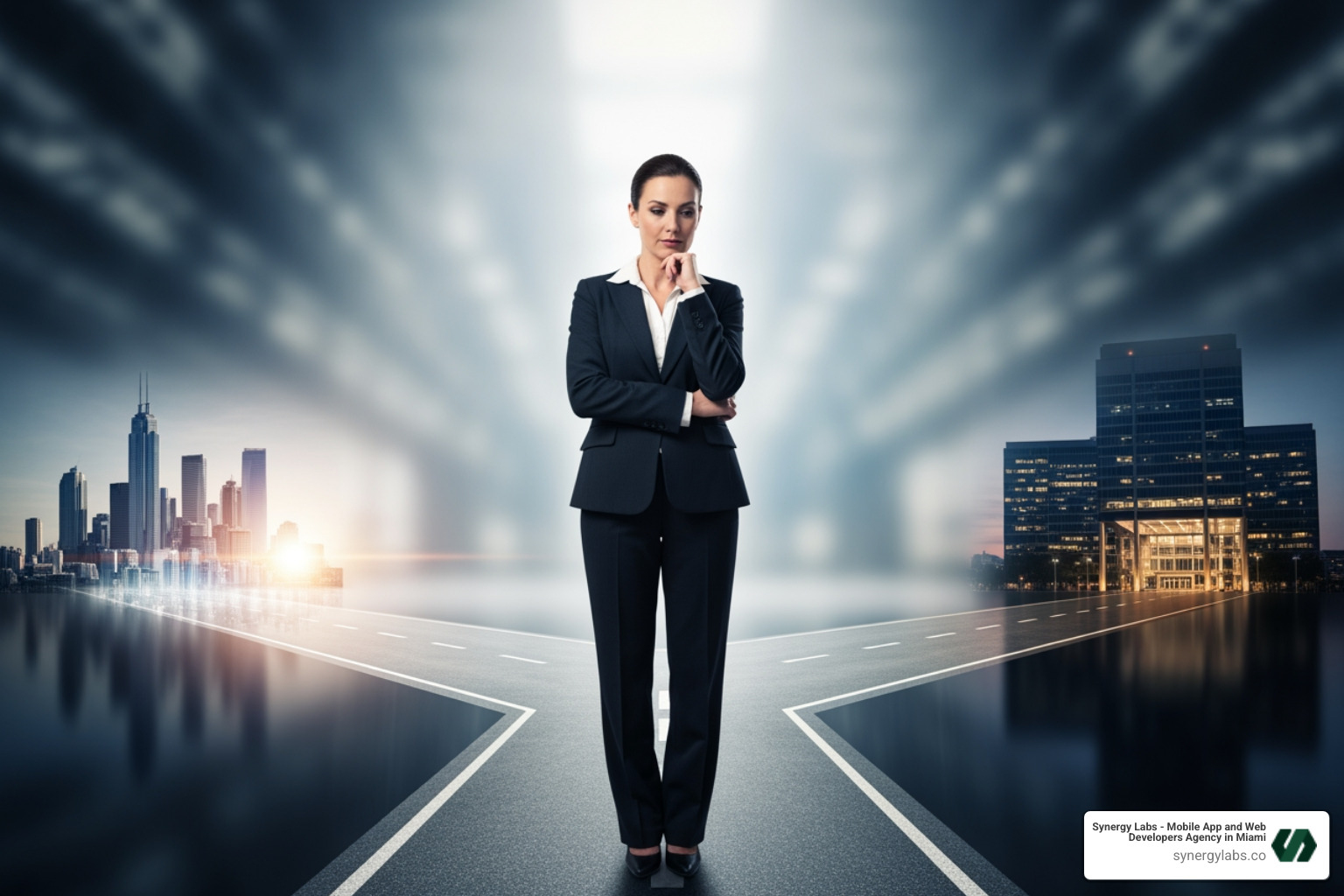 business leader at a crossroads - No-Code vs AI-Generated Apps: What Businesses Should Choose in 2026 business leader at a crossroads - No-Code vs AI-Generated Apps: What Businesses Should Choose in 2026