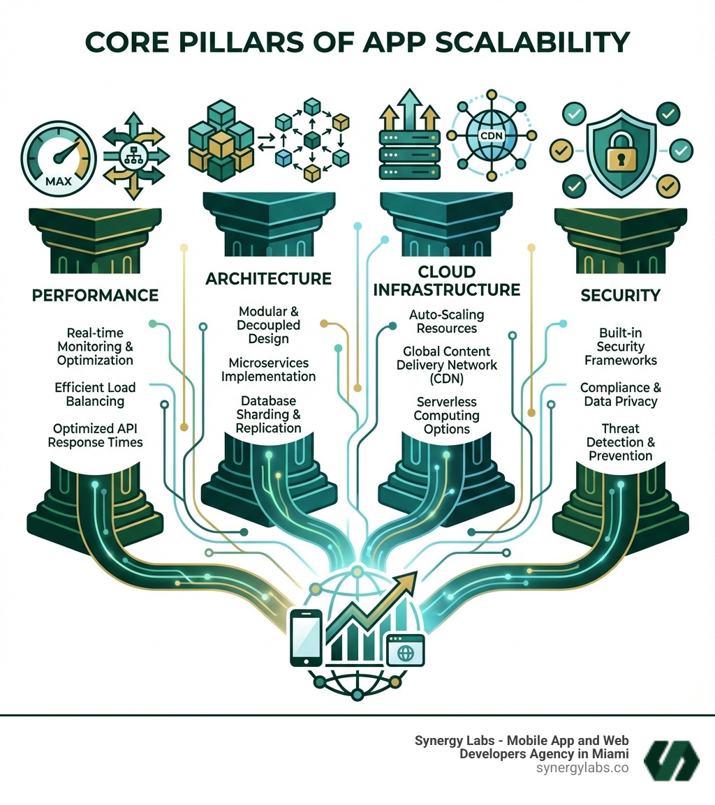 Infographic showing four interconnected pillars: Performance (with icons of speed gauges and load balancers), Architecture (with modular building blocks and microservices diagrams), Cloud Infrastructure (with auto-scaling servers and CDN networks), and Security (with shield icons and compliance checkmarks). Each pillar has 2-3 key metrics or strategies listed beneath it in dark, legible text. - What Makes an App Scalable? A Technical Guide for Growing Companies infographic 