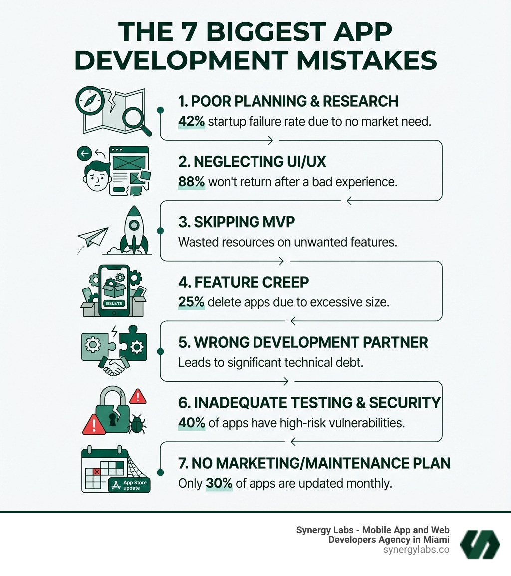 Infographic showing the 7 biggest app development mistakes: 1. Poor Planning & Research (42% startup failure rate), 2. Neglecting UI/UX (88% won't return after bad experience), 3. Skipping MVP (wasted resources on unwanted features), 4. Feature Creep (25% delete apps due to size), 5. Wrong Development Partner (leads to technical debt), 6. Inadequate Testing & Security (40% of apps have vulnerabilities), 7. No Marketing/Maintenance Plan (30% of apps updated monthly) - The Biggest App Development Mistakes Growing Companies Make infographic 