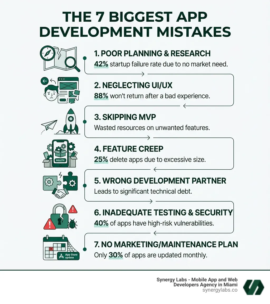 Infographic showing the 7 biggest app development mistakes: 1. Poor Planning & Research (42% startup failure rate), 2. Neglecting UI/UX (88% won't return after bad experience), 3. Skipping MVP (wasted resources on unwanted features), 4. Feature Creep (25% delete apps due to size), 5. Wrong Development Partner (leads to technical debt), 6. Inadequate Testing & Security (40% of apps have vulnerabilities), 7. No Marketing/Maintenance Plan (30% of apps updated monthly) - The Biggest App Development Mistakes Growing Companies Make infographic Infographic showing the 7 biggest app development mistakes: 1. Poor Planning & Research (42% startup failure rate), 2. Neglecting UI/UX (88% won't return after bad experience), 3. Skipping MVP (wasted resources on unwanted features), 4. Feature Creep (25% delete apps due to size), 5. Wrong Development Partner (leads to technical debt), 6. Inadequate Testing & Security (40% of apps have vulnerabilities), 7. No Marketing/Maintenance Plan (30% of apps updated monthly) - The Biggest App Development Mistakes Growing Companies Make infographic