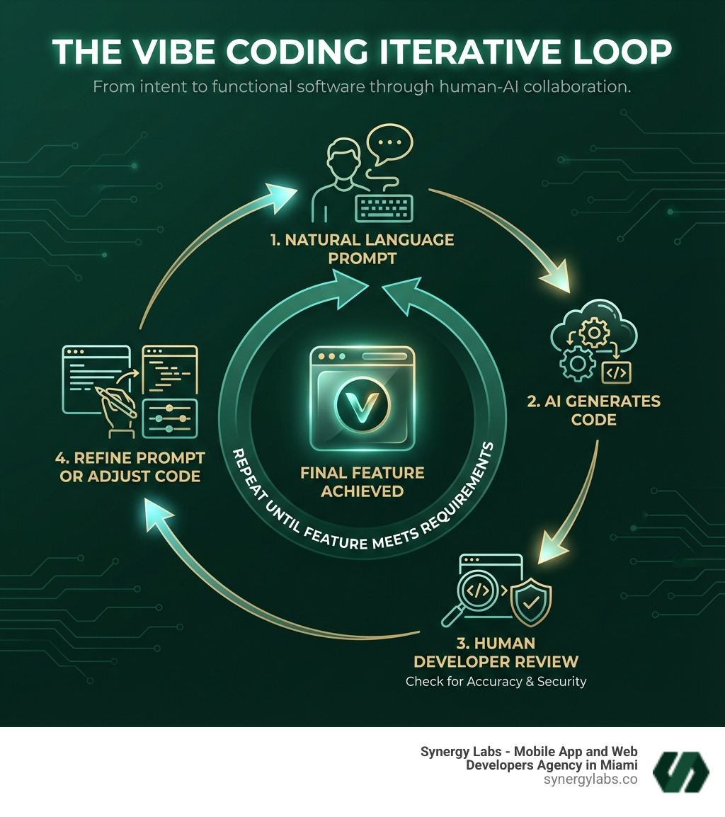 Infographic showing the iterative loop of Vibe Coding: Start with a natural language prompt describing your desired feature, AI generates code based on the prompt, human developer reviews the generated code for accuracy and security, developer refines the prompt or adjusts the code, repeat the loop until the feature meets requirements - What Is Vibe Coding? Your 2026 Vibe Coding Guide infographic 