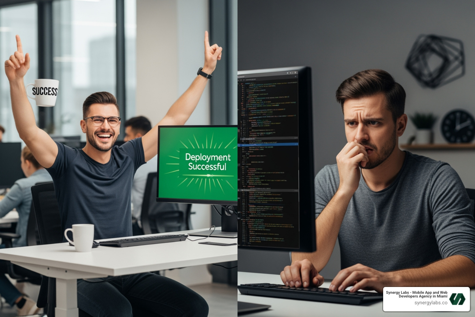 Developer celebrating on one side and looking concerned at code on the other - What Is Vibe Coding? Your 2026 Vibe Coding Guide