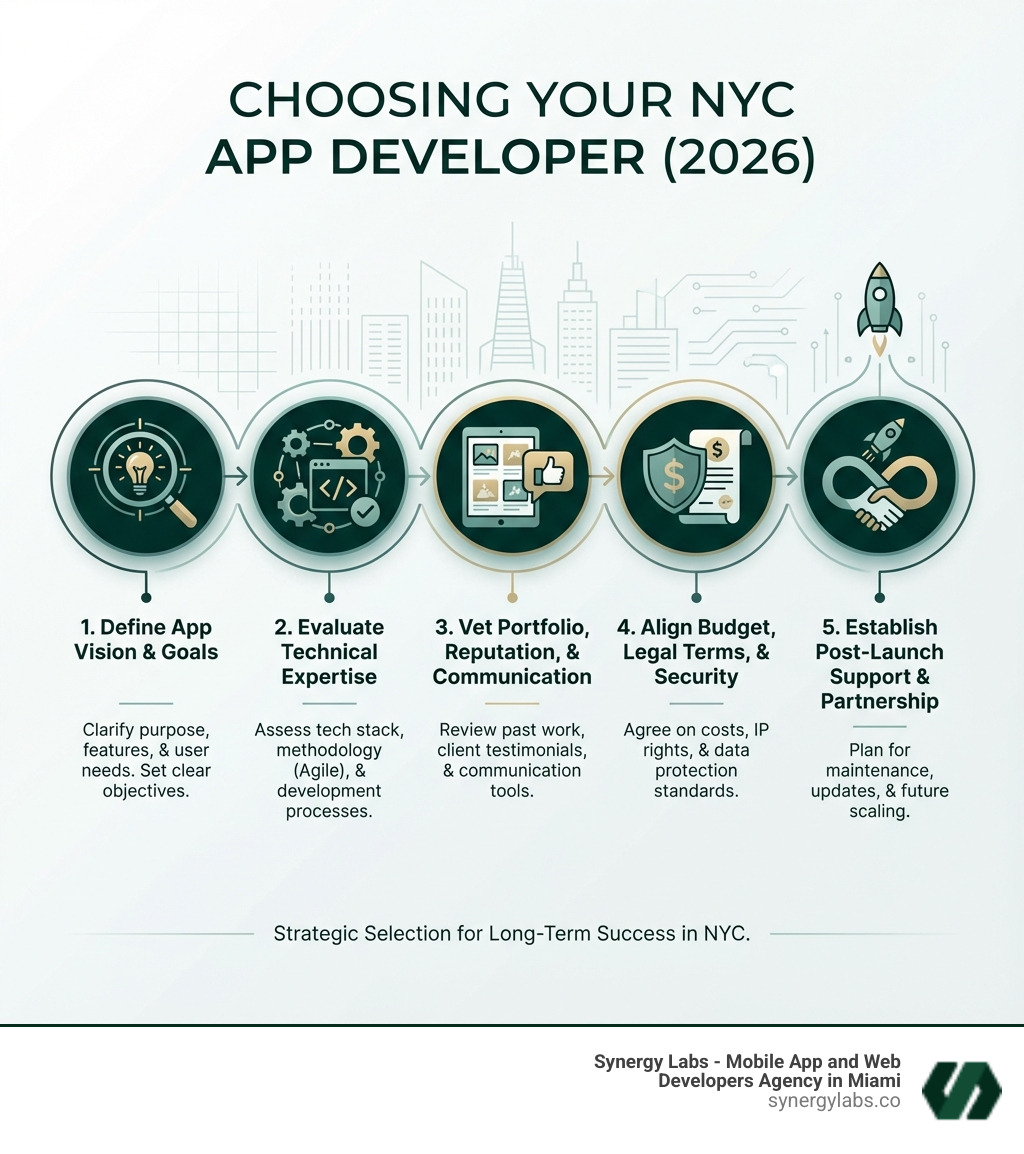 Infographic showing the 5 key stages of selecting an NYC app developer: 1. Define Your App Vision and Goals, 2. Evaluate Technical Expertise and Development Approach, 3. Vet Portfolio, Reputation, and Communication Practices, 4. Align Budget, Legal Terms, and Security Standards, 5. Establish Post-Launch Support and Long-Term Partnership - What to know when choosing your NYC App developer in 2026 infographic infographic-line-5-steps-dark