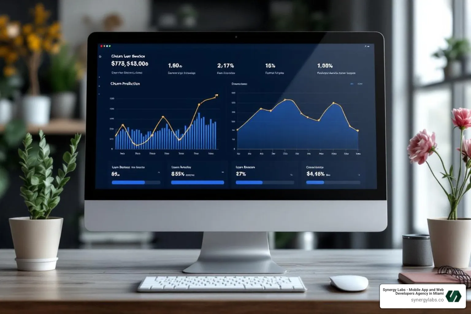 Dashboard showing predictive analytics for user churn with graphs and data points - Building Smarter Apps in 2026: AI Personalization, Predictive Models, and NLP UI Dashboard showing predictive analytics for user churn with graphs and data points - Building Smarter Apps in 2026: AI Personalization, Predictive Models, and NLP UI