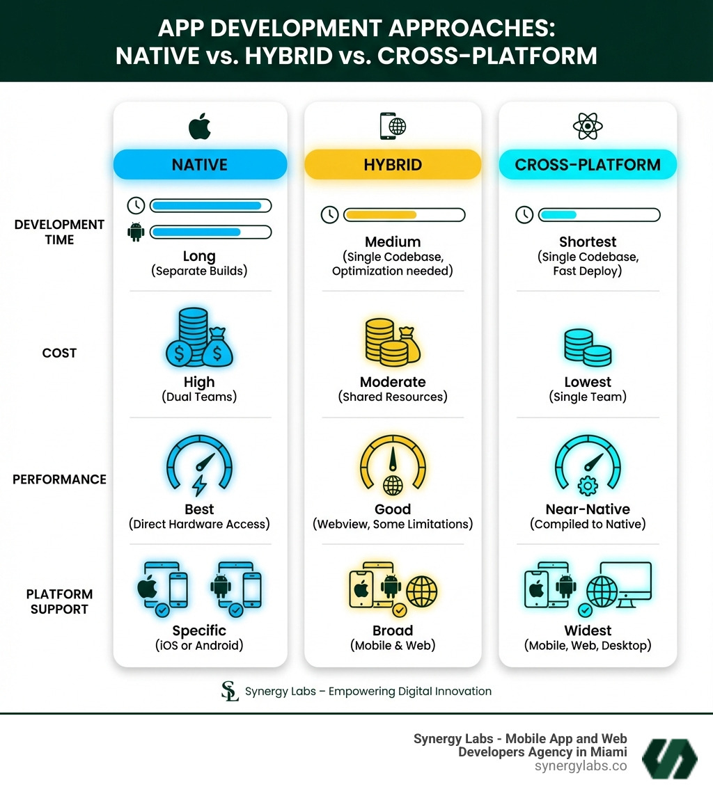 Infographic comparing Native, Hybrid, and Cross-Platform development approaches showing development time, cost, performance, and platform support for each - cross-platform app solutions infographic Infographic comparing Native, Hybrid, and Cross-Platform development approaches showing development time, cost, performance, and platform support for each - cross-platform app solutions infographic