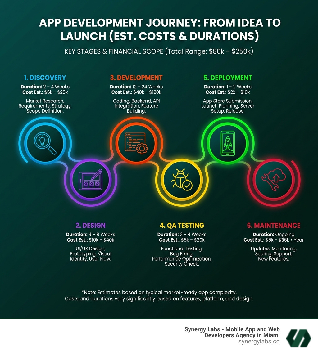 Infographic showing the key stages of app development from idea to launch: Discovery, Design, Development, QA Testing, Deployment, and Maintenance, with estimated costs and durations for each phase - From Budgeting to Launch: How to Use a Mobile App Development Cost Calculator infographic 