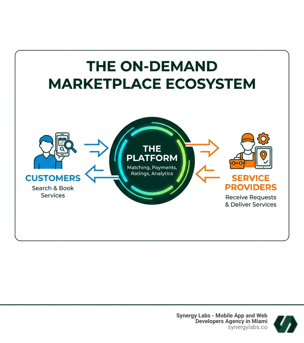Infographic showing the on-demand marketplace ecosystem with three interconnected components: Customers using mobile apps to search and book services, Service Providers receiving requests and delivering services, and the Platform managing matching, payments, ratings, and analytics in the center - On-Demand App Development: A Roadmap for Building Scalable Marketplaces infographic 