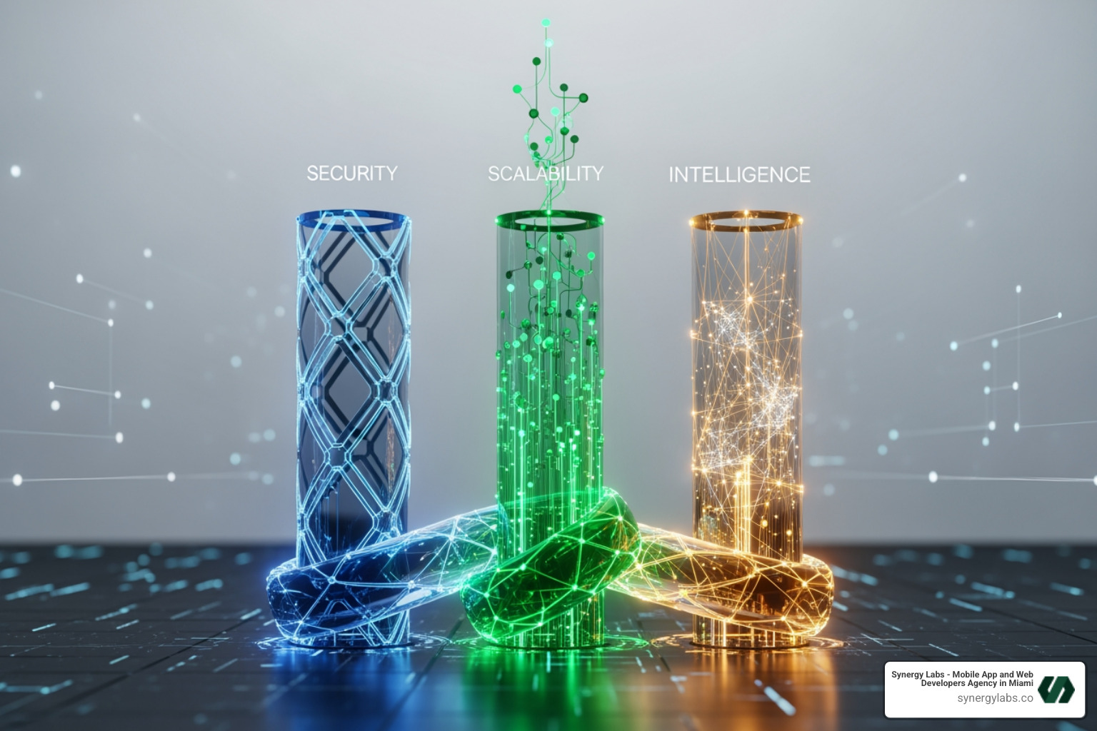 abstract graphic representing the interconnected pillars of a modern application: security, scalability, and intelligence - The Ultimate Guide to Choosing an Enterprise Mobile App Development Company in 2026