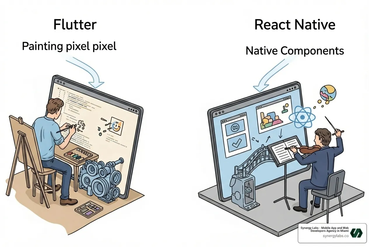 image illustrating Flutter's Skia/Impeller engine drawing UI vs. React Native's JSI communicating with native UI components - Flutter vs. React Native: Which Framework is Right for Your 2026 Project?