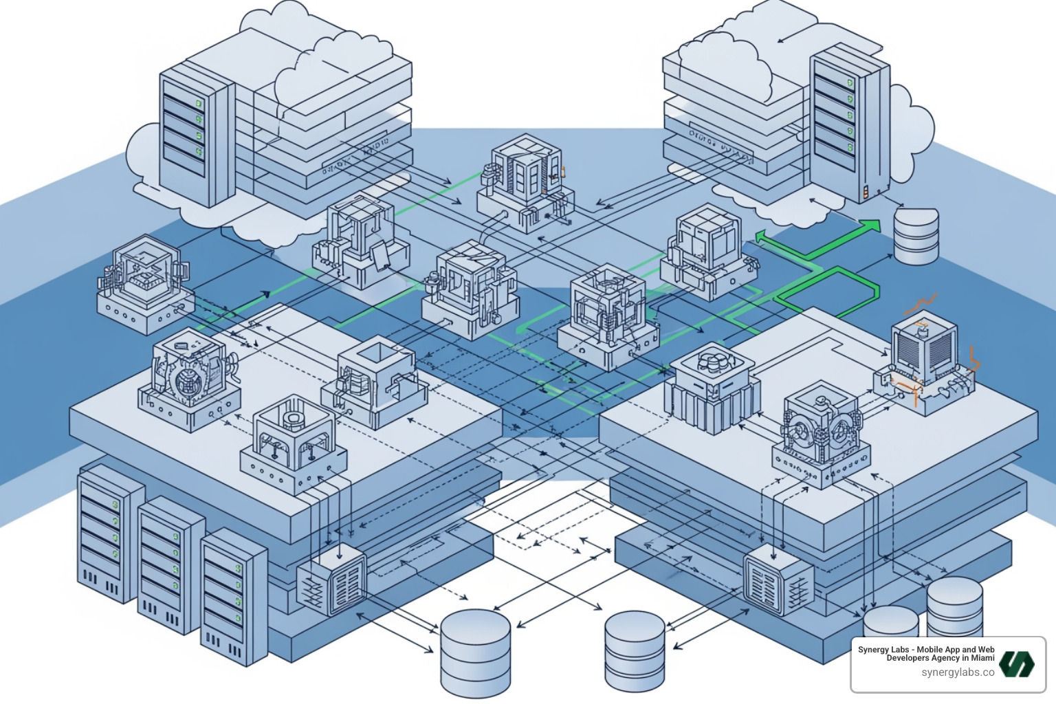 A complex architectural diagram showing microservices, cloud infrastructure, and data flow, illustrating the technical blueprint for scalable enterprise apps - Enterprise Mobile App Development: Scaling Solutions for Large Organizations