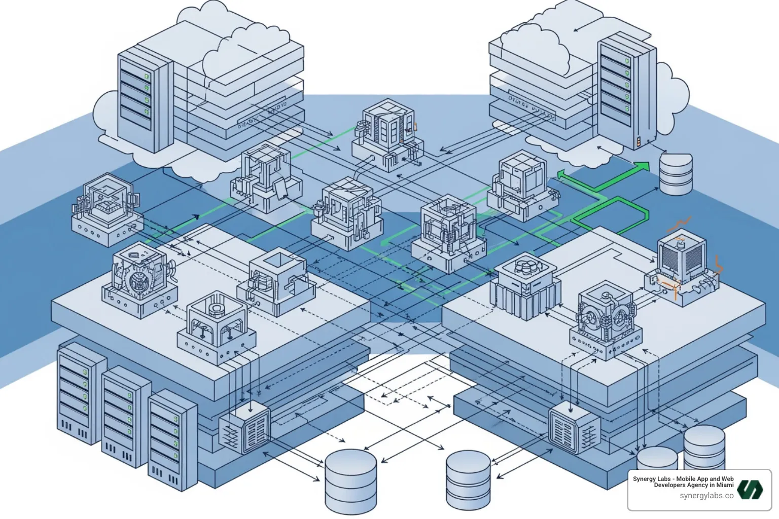 A complex architectural diagram showing microservices, cloud infrastructure, and data flow, illustrating the technical blueprint for scalable enterprise apps - Enterprise Mobile App Development: Scaling Solutions for Large Organizations A complex architectural diagram showing microservices, cloud infrastructure, and data flow, illustrating the technical blueprint for scalable enterprise apps - Enterprise Mobile App Development: Scaling Solutions for Large Organizations