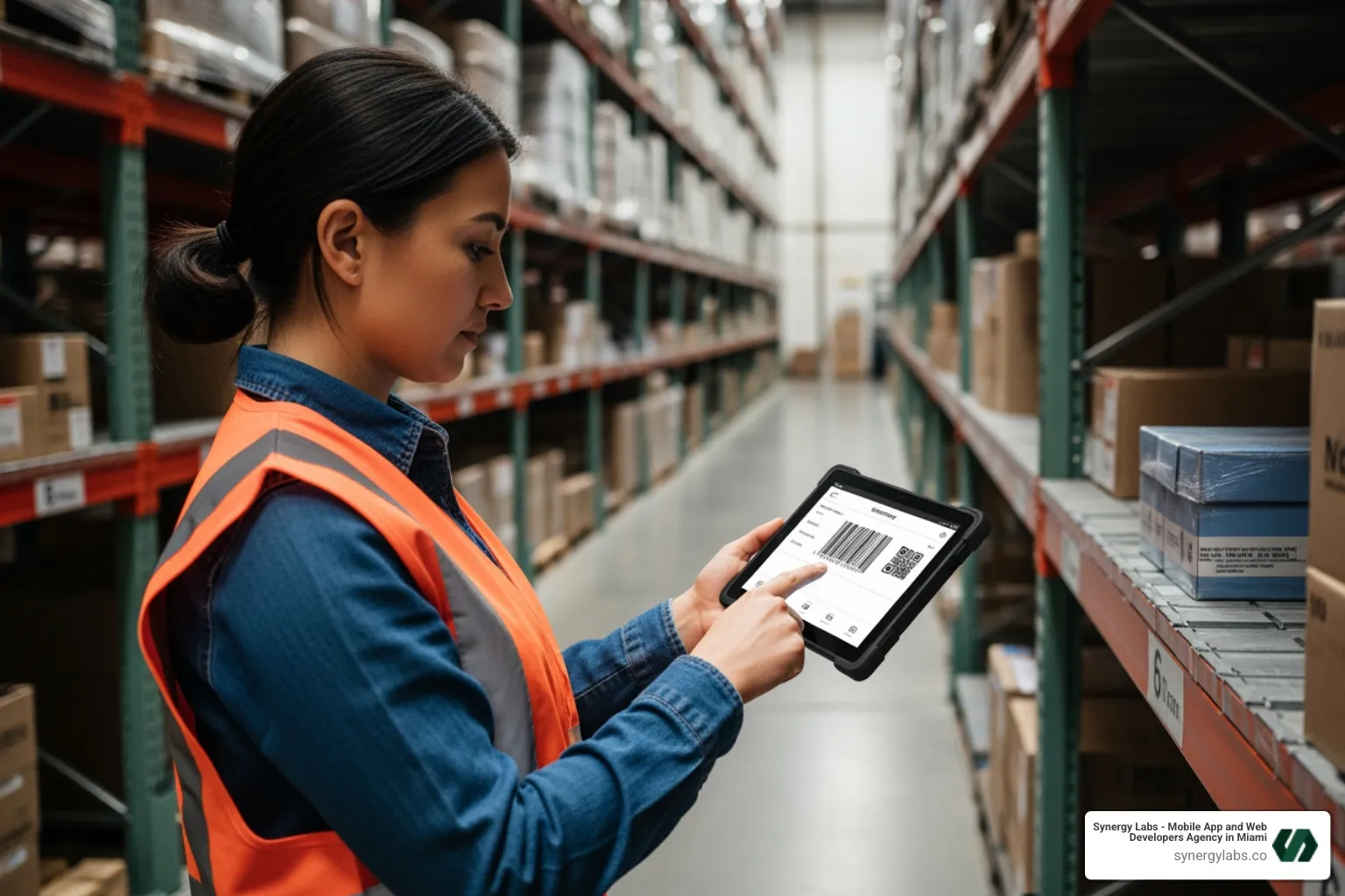 A warehouse worker using a rugged tablet app for inventory management, demonstrating real-world application of enterprise mobile apps - Enterprise Mobile App Development: Scaling Solutions for Large Organizations A warehouse worker using a rugged tablet app for inventory management, demonstrating real-world application of enterprise mobile apps - Enterprise Mobile App Development: Scaling Solutions for Large Organizations