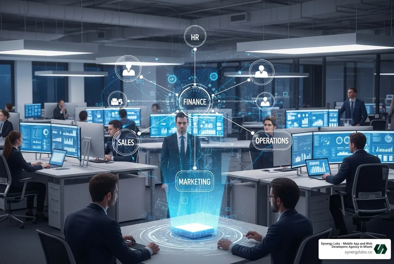 illustrating an integrated enterprise ecosystem connecting various departments like HR, Finance, and Sales on a central hub - The Complete Guide to App Development for Enterprise Solutions in 2026