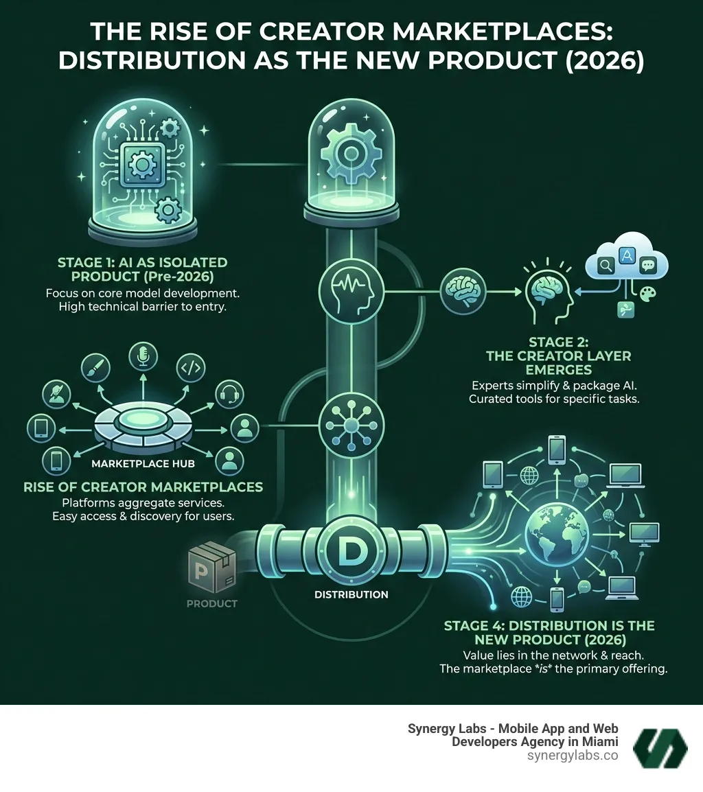 diagram of a creator's business ecosystem including social media, a storefront, and a branded AI app - The Rise of Creator Marketplaces for AI Services: Why Distribution Is the New Product in 2026