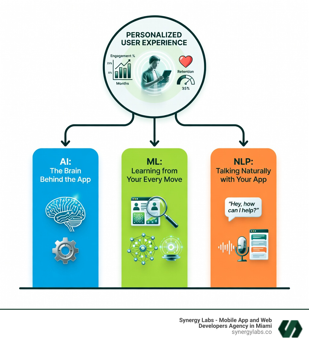 Infographic showing how AI, Machine Learning, and Natural Language Processing work together to power app personalization: AI provides the overall intelligence framework, ML algorithms analyze user data and learn patterns to predict behavior, and NLP enables natural language understanding for chatbots and voice interfaces, all feeding into a personalized user experience that increases engagement by 20-30% and retention by over 30% - How AI and Machine Learning Transform Apps with Personalization & NLP infographic pillar-3-steps