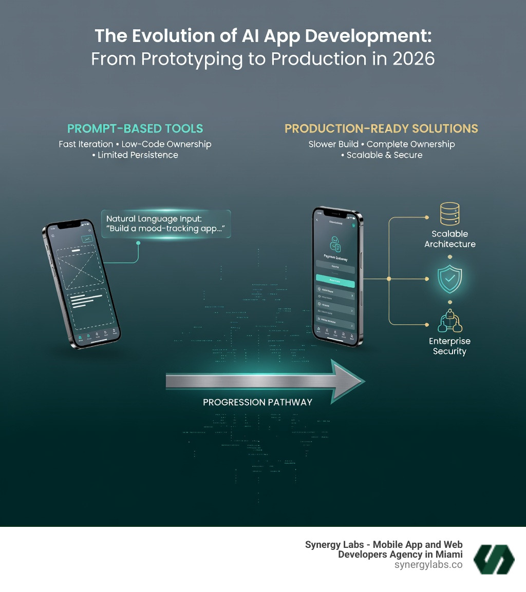 Infographic comparing AI prototyping tools vs production-ready development: showing progression from prompt-based tools (fast, low code ownership, limited persistence) to full-stack solutions (slower initial build, complete ownership, enterprise security, scalable architecture) - Rork AI alternative infographic Infographic comparing AI prototyping tools vs production-ready development: showing progression from prompt-based tools (fast, low code ownership, limited persistence) to full-stack solutions (slower initial build, complete ownership, enterprise security, scalable architecture) - Rork AI alternative infographic