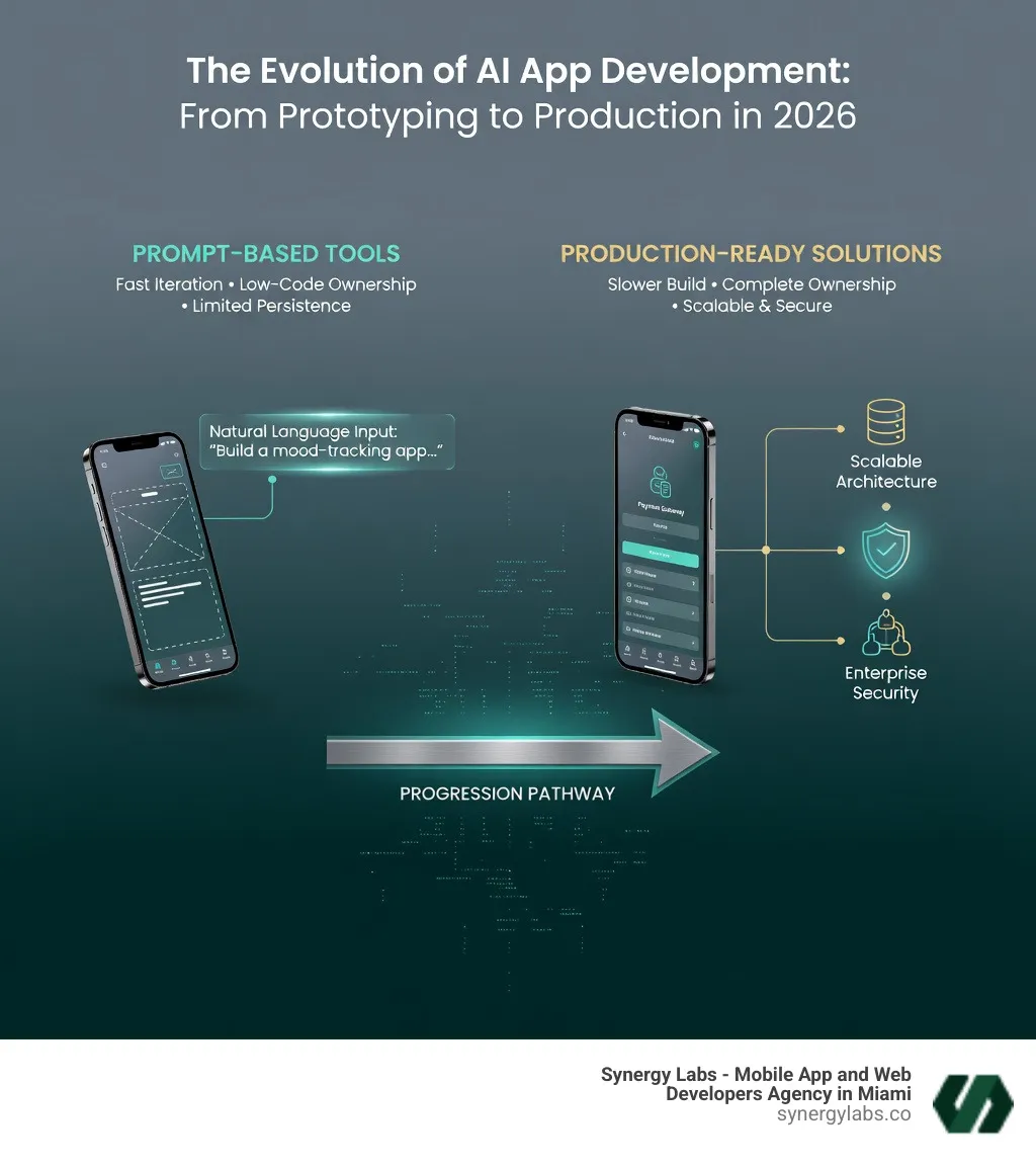Infographic comparing AI prototyping tools vs production-ready development: showing progression from prompt-based tools (fast, low code ownership, limited persistence) to full-stack solutions (slower initial build, complete ownership, enterprise security, scalable architecture) - Rork AI alternative infographic 