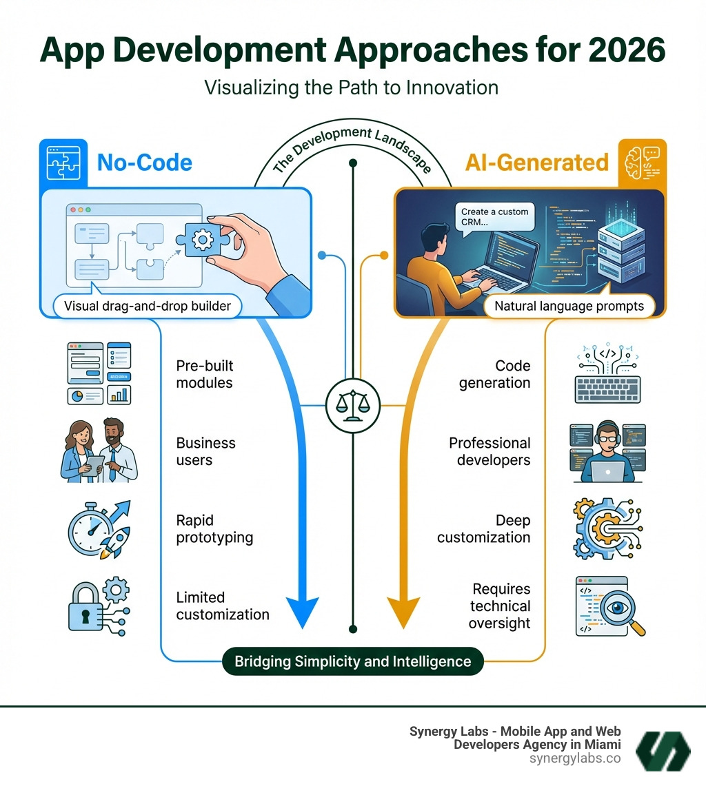 infographic showing two columns: No-Code (visual drag-and-drop builder, pre-built modules, business users, rapid prototyping, limited customization) vs AI-Generated (natural language prompts, code generation, professional developers, deep customization, requires technical oversight) - No-Code vs AI-Generated Apps: What Businesses Should Choose in 2026 infographic 