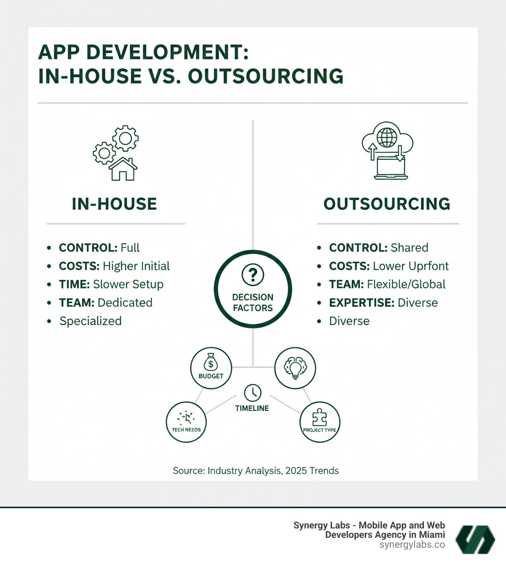 Comprehensive comparison infographic showing in-house development (internal team, higher control, higher costs, longer setup time) versus outsourcing (external agency, cost savings, global talent access, faster launch) with key decision factors including budget, timeline, expertise needs, and project type - Building Your App In-house Vs Outsourcing infographic 4_facts_emoji_blue Comprehensive comparison infographic showing in-house development (internal team, higher control, higher costs, longer setup time) versus outsourcing (external agency, cost savings, global talent access, faster launch) with key decision factors including budget, timeline, expertise needs, and project type - Building Your App In-house Vs Outsourcing infographic 4_facts_emoji_blue