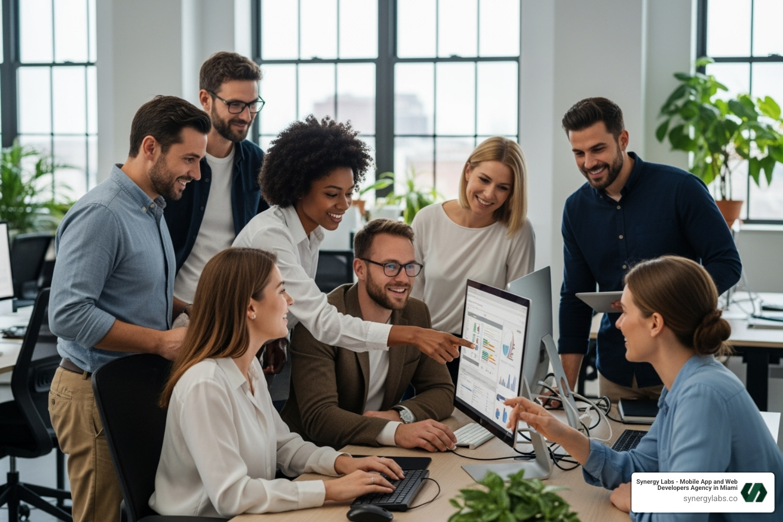 A cohesive office team collaborating on computers, smiling and engaged - Building Your App In-house Vs Outsourcing A cohesive office team collaborating on computers, smiling and engaged - Building Your App In-house Vs Outsourcing