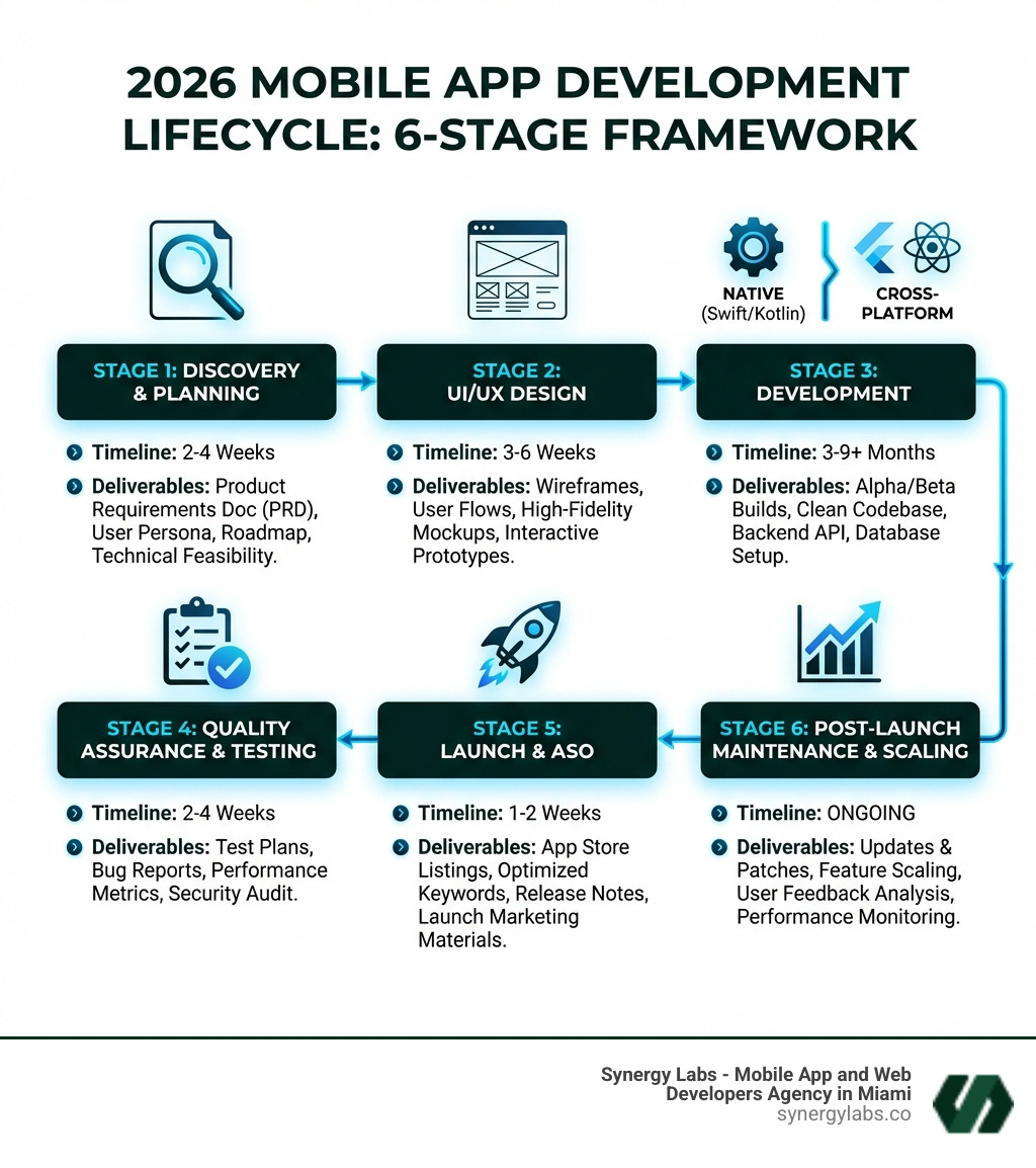 Infographic showing a 6-stage mobile app development lifecycle for 2026: Stage 1 Discovery and Planning with icon of magnifying glass, Stage 2 UI/UX Design with wireframe icon, Stage 3 Development showing native vs cross-platform split, Stage 4 Quality Assurance and Testing with checklist icon, Stage 5 Launch and App Store Optimization with rocket icon, Stage 6 Post-Launch Maintenance and Scaling with growth chart icon - each stage shown as connected horizontal blocks with timeline estimates and key deliverables listed below each block, using dark navy and electric blue color scheme on white background - NYC App Development Agency: How to Choose the Right Development Partner infographic 