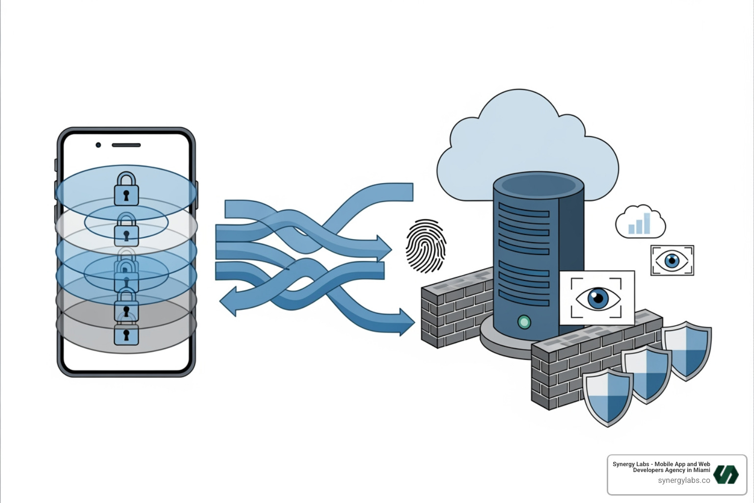 A secure data architecture diagram showing encrypted layers of a mobile app connecting to a secure cloud server with firewalls and biometric authentication icons - Chicago App Development: Enterprise-Grade Mobile Apps