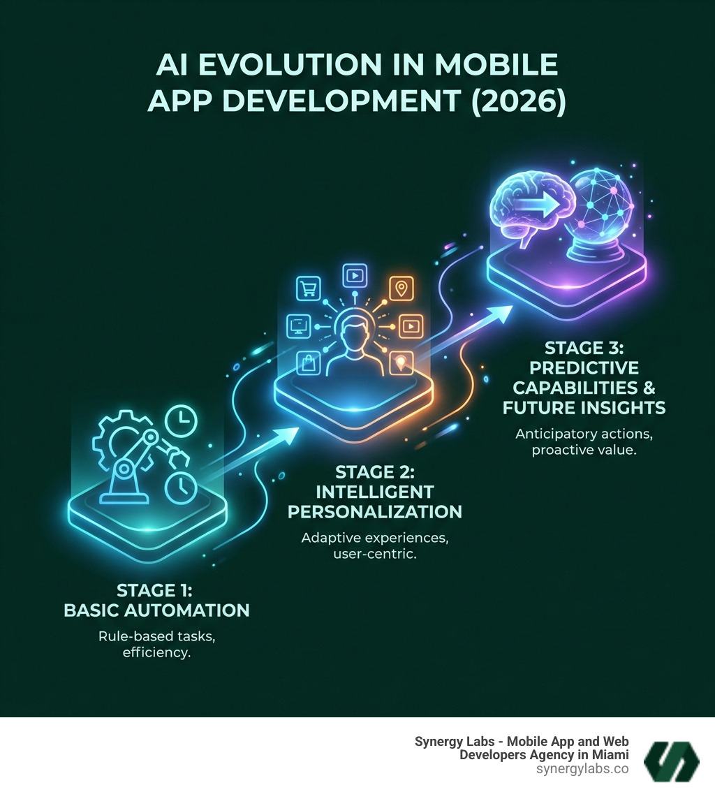 Infographic showing the evolution of AI in mobile apps from basic automation to intelligent personalization and prediction Infographic showing the evolution of AI in mobile apps from basic automation to intelligent personalization and prediction