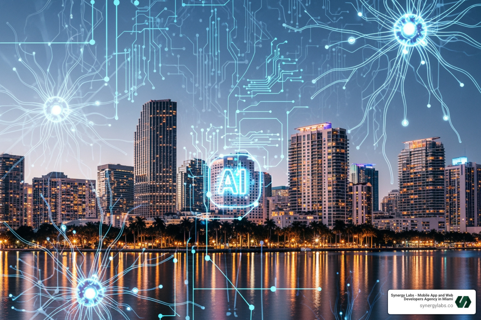 AI-powered app development Miami skyline with digital neural networks - AI-Powered App Development for Miami Businesses AI-powered app development Miami skyline with digital neural networks - AI-Powered App Development for Miami Businesses