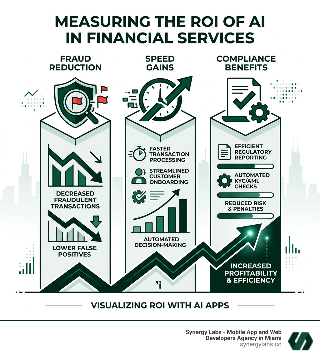 Infographic showing ROI of AI in financial services: fraud reduction, speed gains, compliance benefits - AI App Development