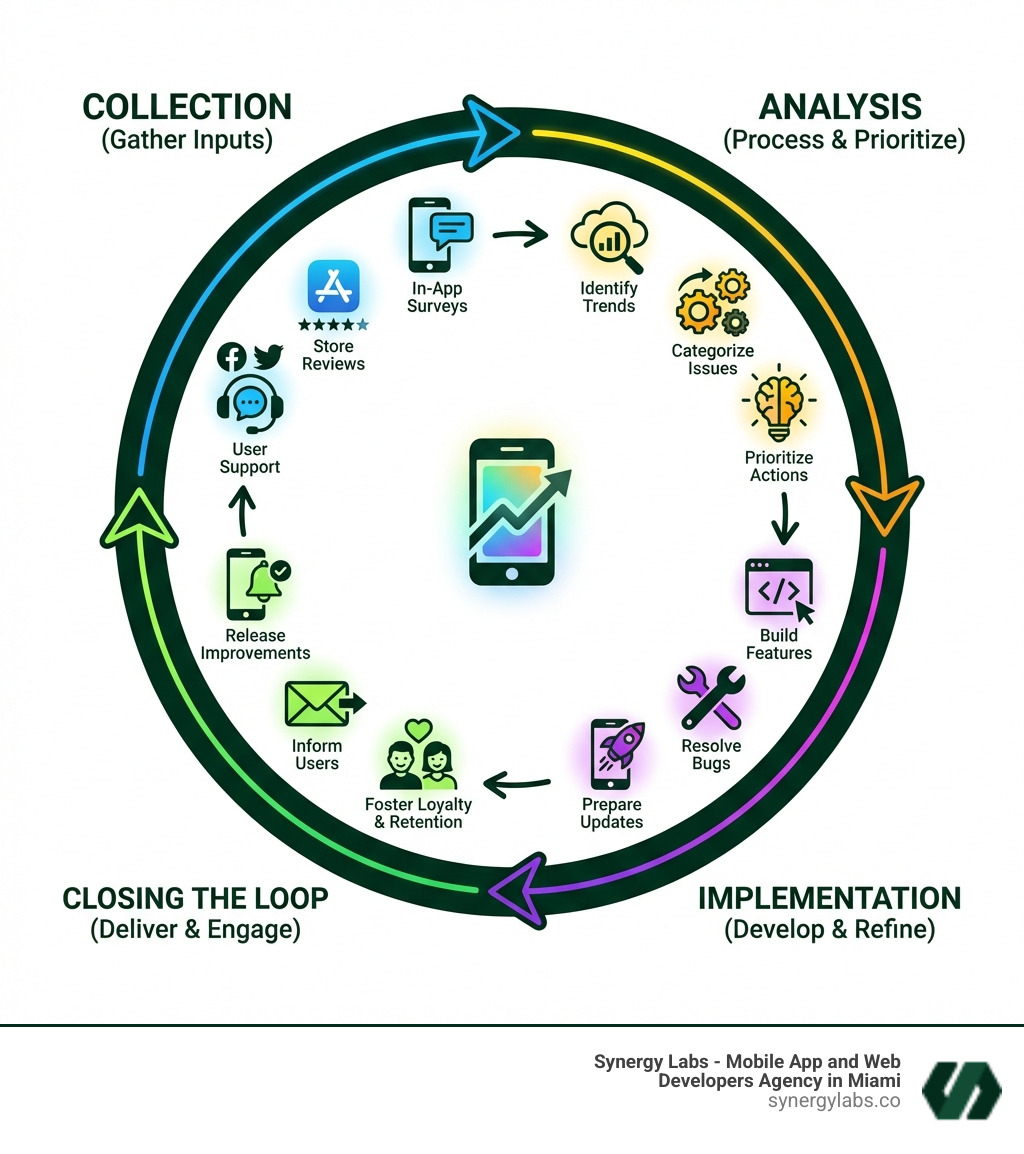 Infographic explaining the mobile app customer feedback loop from collection to implementation - mobile app customer feedback infographic 