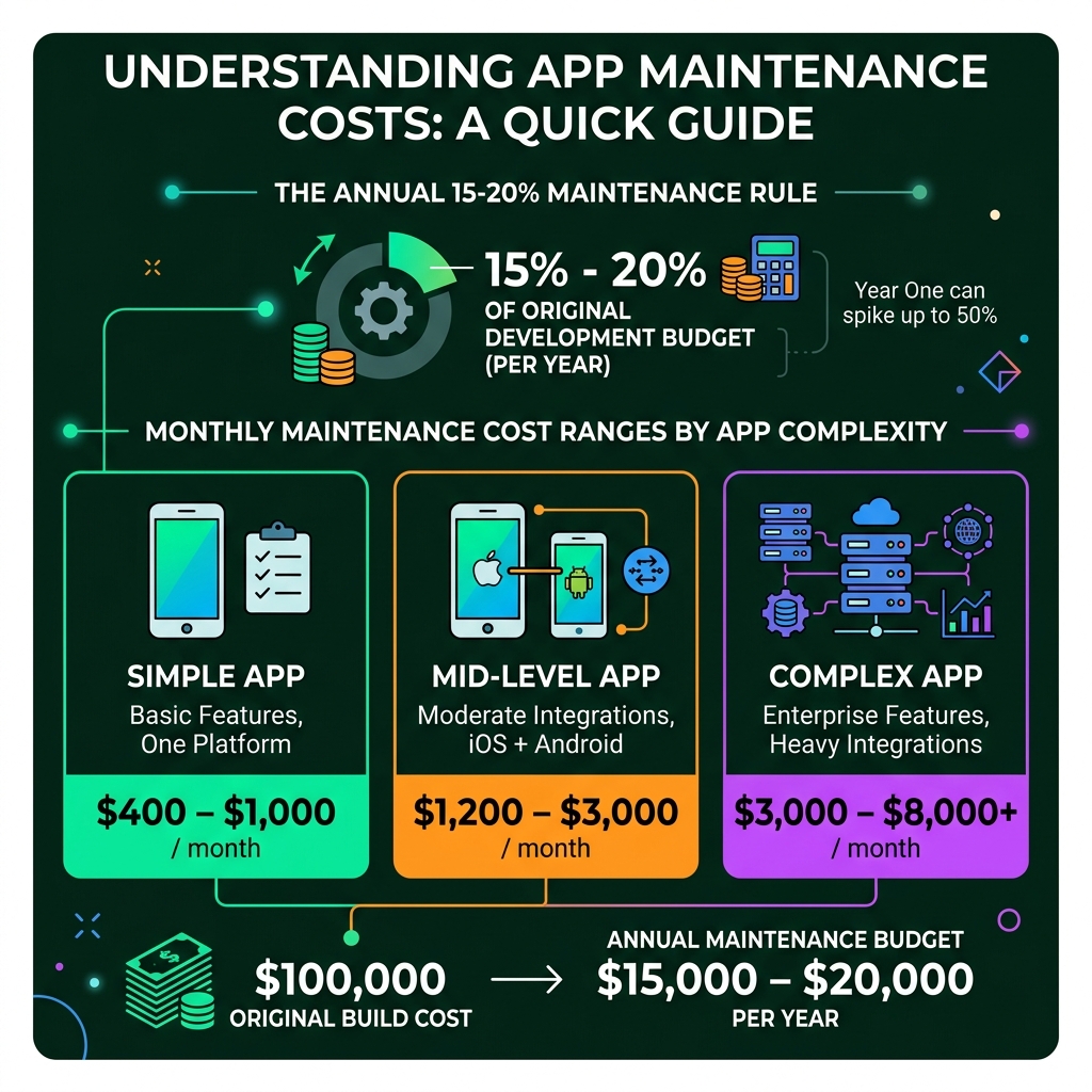 Infographic showing the 15-20% annual app maintenance cost rule with monthly cost ranges by app complexity - app maintenance