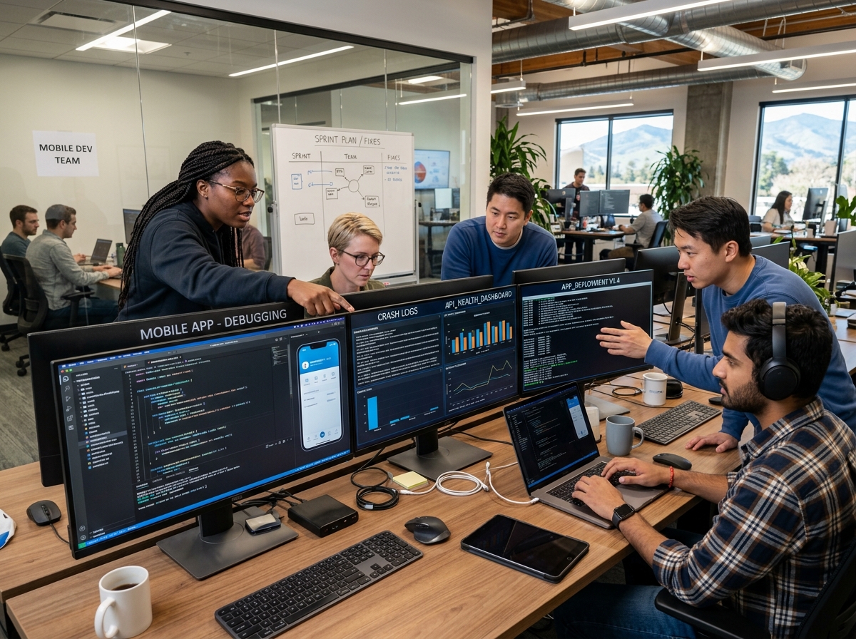 Developers debugging code on multiple screens to maintain app health - app maintenance costs
