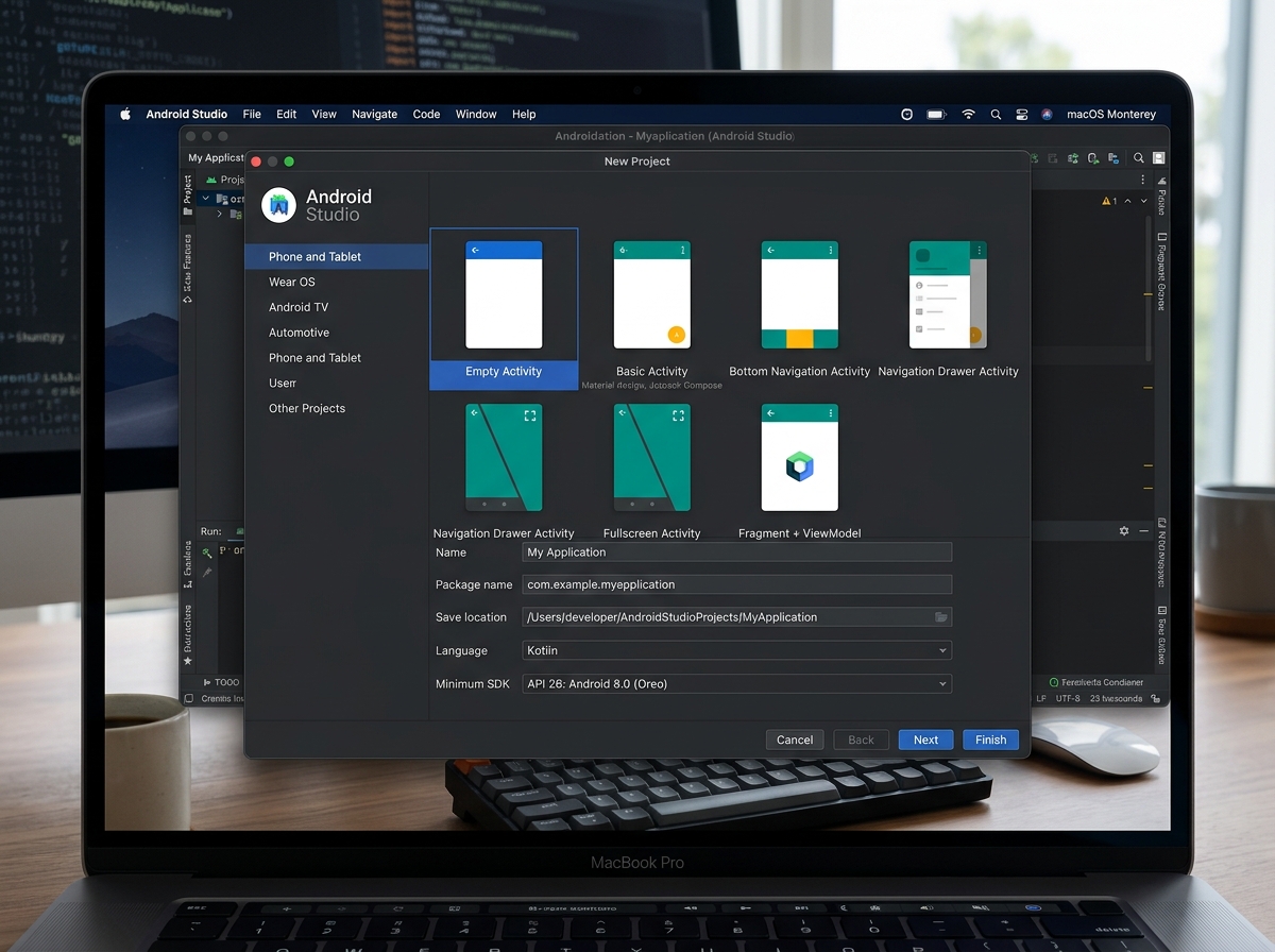 Android Studio New Project wizard showing the selection of an Empty Activity template - android studio web app Android Studio New Project wizard showing the selection of an Empty Activity template - android studio web app