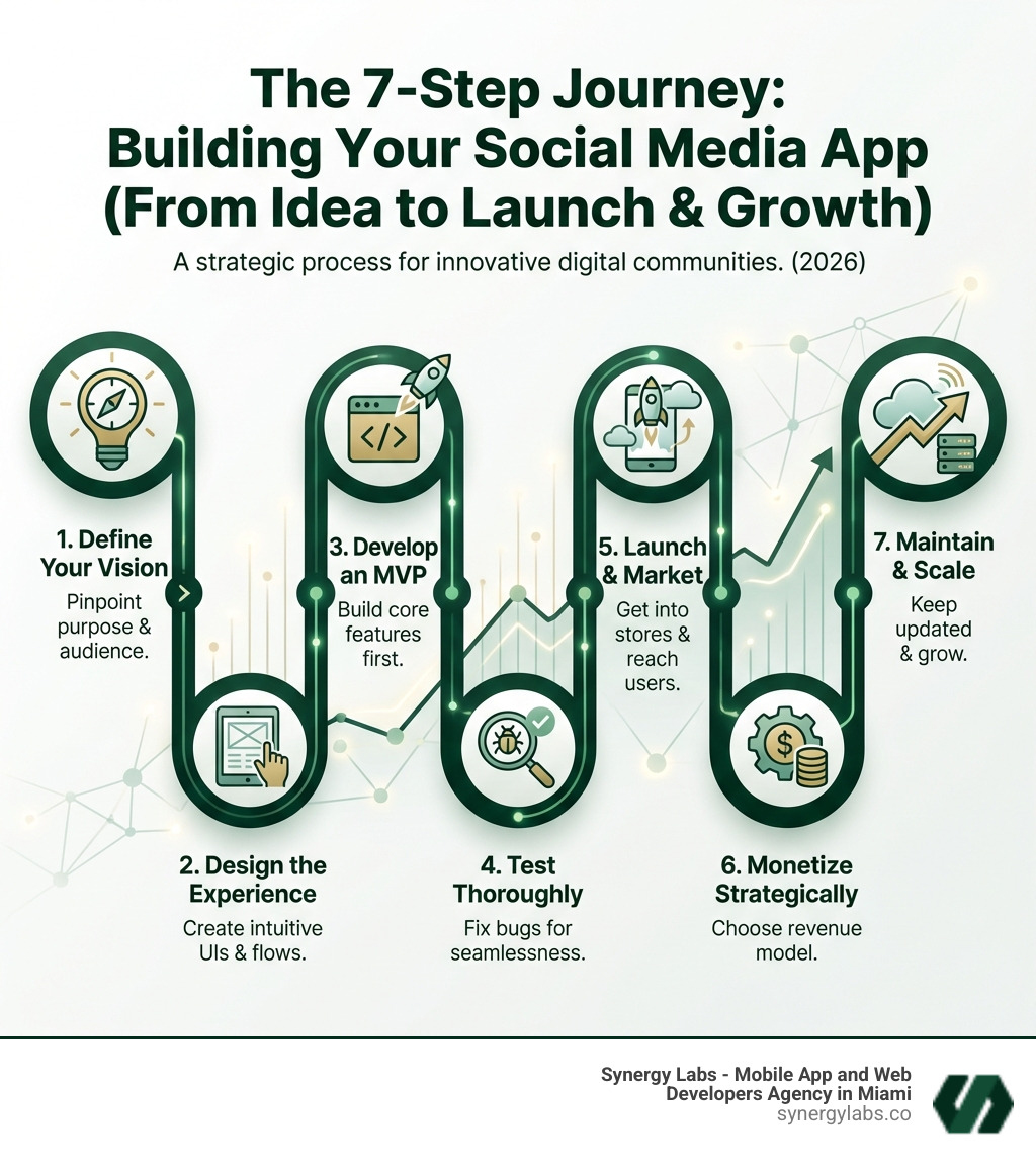 Infographic detailing the 7-step process to build a social media app, from idea to launch and growth - build a social media app infographic 