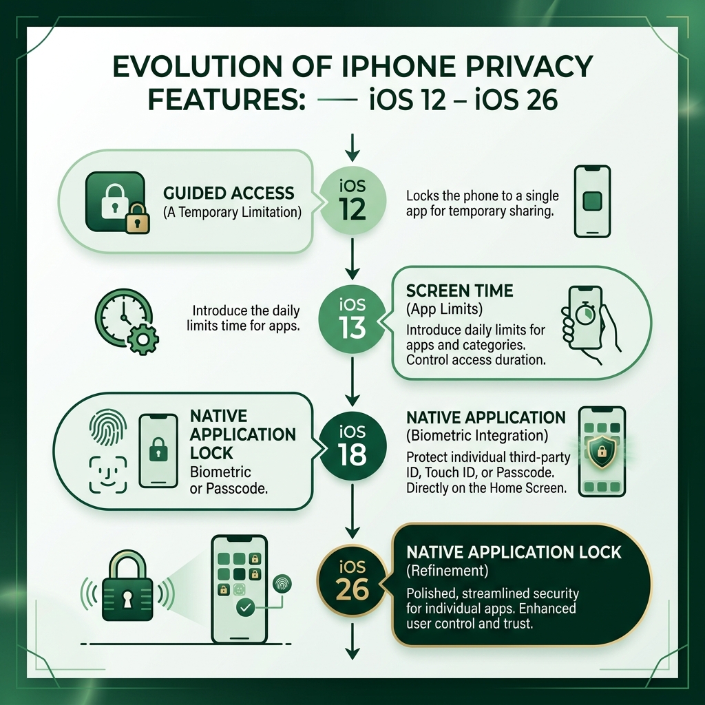 Evolution of iPhone privacy features from iOS 12 to iOS 26, showing Guided Access, Screen Time, and native app lock