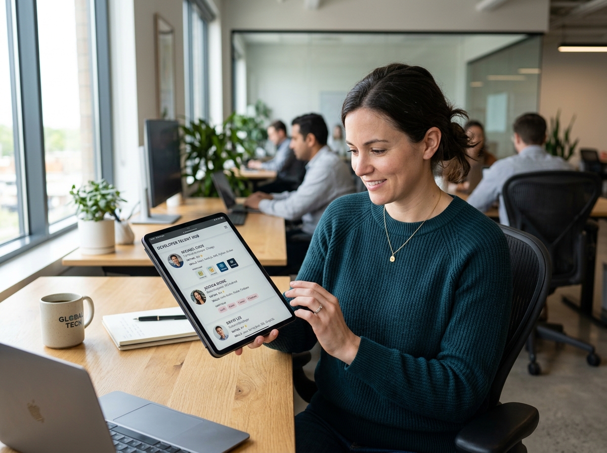 user browsing developer profiles on a tablet - app programmers near me