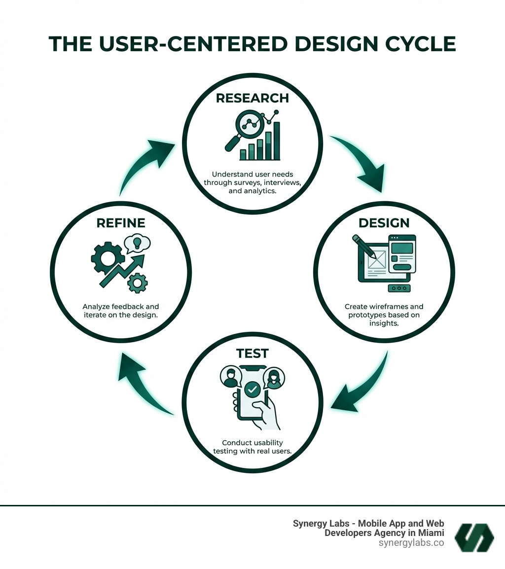 Infographic showing the iterative cycle of user-centered design: Research (understand user needs through surveys, interviews, and analytics), Design (create wireframes and prototypes based on insights), Test (conduct usability testing with real users), and Refine (analyze feedback and iterate on the design). Arrows connect each phase in a continuous loop, emphasizing the ongoing nature of the process. - user-centered mobile app design infographic 