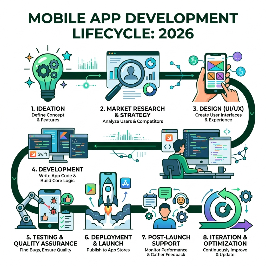 Mobile app development lifecycle infographic for 2026 showing stages from ideation to post-launch support - hire mobile app Mobile app development lifecycle infographic for 2026 showing stages from ideation to post-launch support - hire mobile app