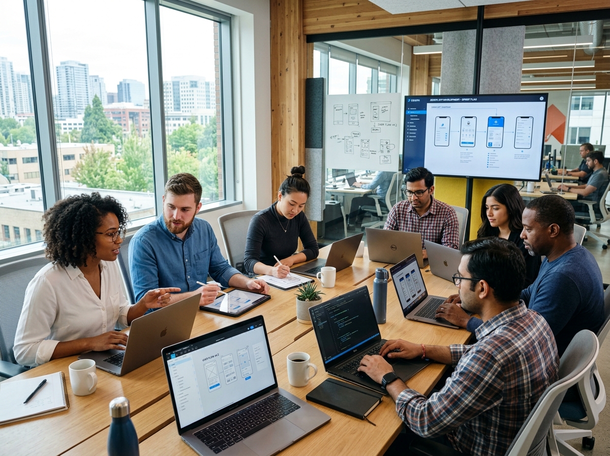 A diverse team of developers and designers collaborating on a mobile app interface - hire mobile app developers A diverse team of developers and designers collaborating on a mobile app interface - hire mobile app developers
