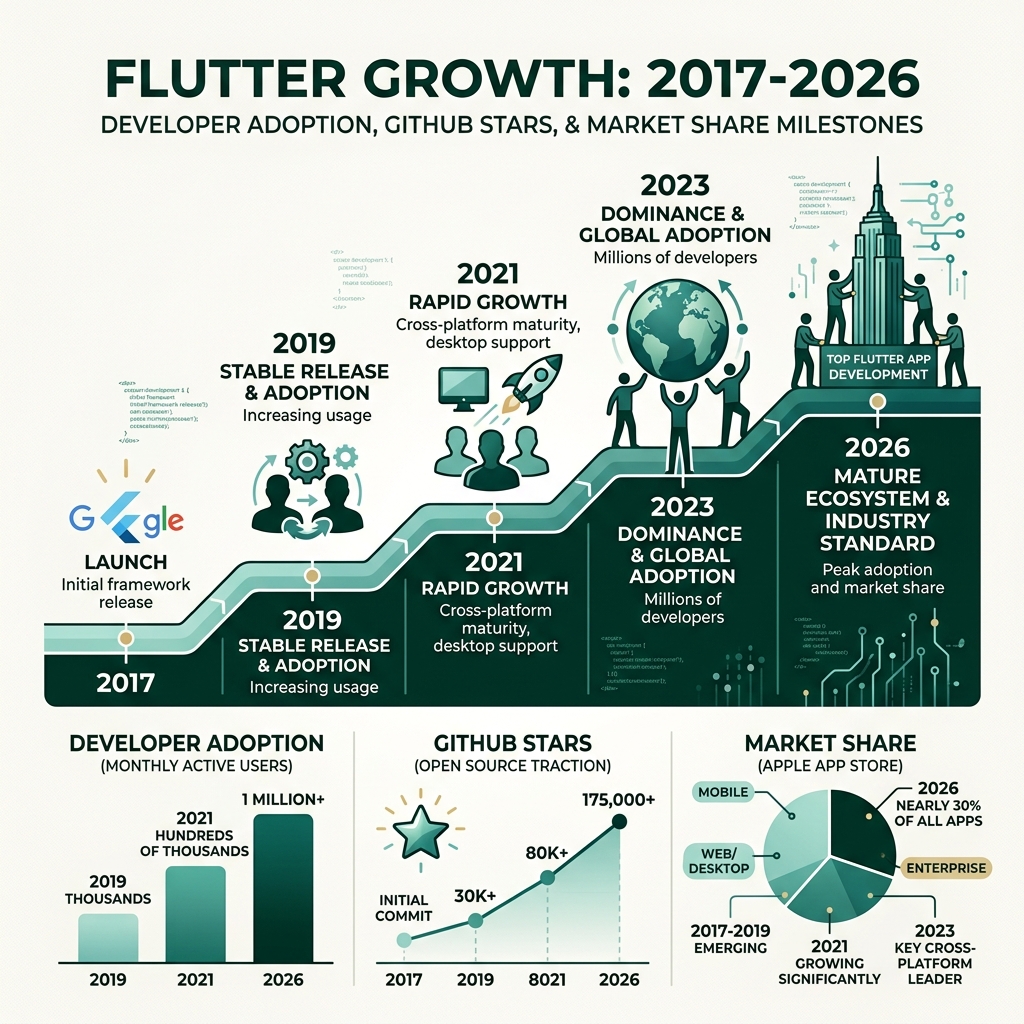 Flutter growth from 2017 to 2026 showing developer adoption, GitHub stars, and market share milestones - top flutter app