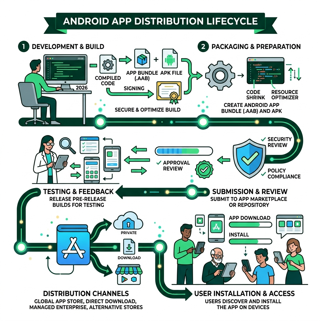 Android app distribution lifecycle infographic from build to user device - android app distribution infographic 