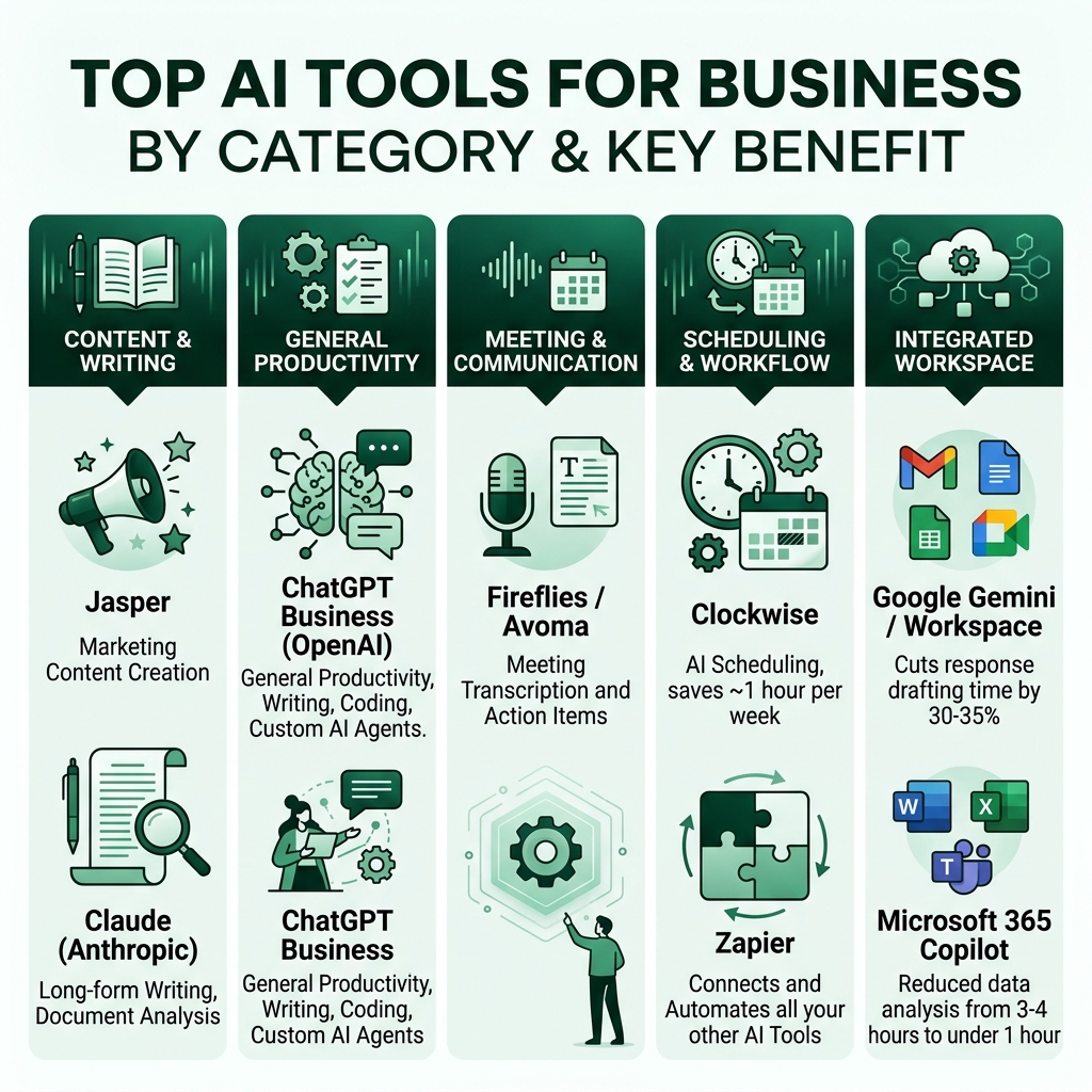 Top AI tools for business by category and key benefit infographic - ai tools for business infographic 